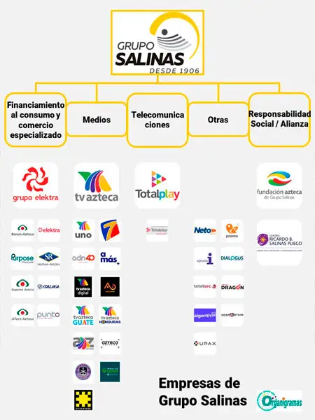 Organigrama General de Grupo Salinas “Estructura Corporativa: Marcas y Empresas que pertenecen a Grupo Salinas” - Plantilla Gratis 100% Personalizable | Sitio Web Oficial organigramas.com.es